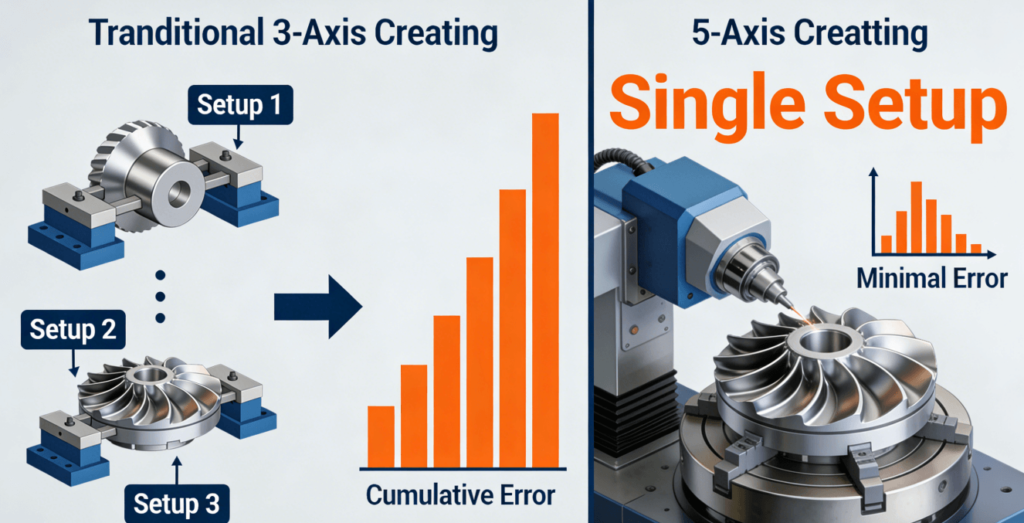 Infographic comparing the multiple setups of traditional 3-axis CNC machining with the single setup efficiency of 5-axis CNC for complex parts.