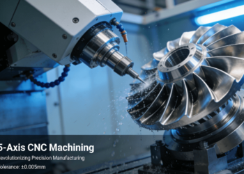 A high-precision 5-axis CNC machine machining an aerospace turbine blade, demonstrating multi-axis capability and ±0.005mm tolerance.