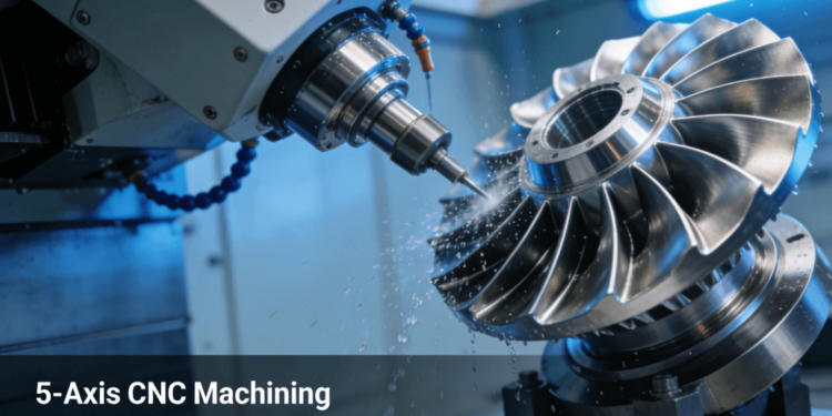 A high-precision 5-axis CNC machine machining an aerospace turbine blade, demonstrating multi-axis capability and ±0.005mm tolerance.