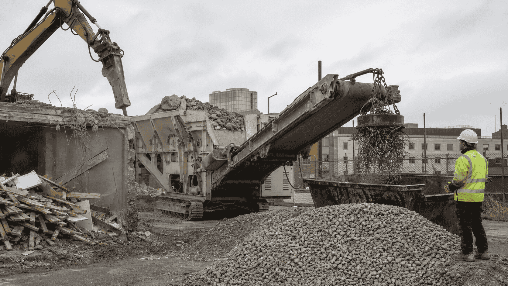 Mobile impact crusher recycling demolition concrete with an overband magnet lifting rebar